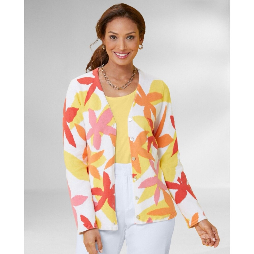 Appleseed’s White Tossed Floral Cotton Print Cardigan Women’s Size 1X